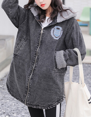 冬季中长款毛领连帽加厚牛仔棉衣女棉服仿羊羔毛加绒刺绣外套 黑灰色