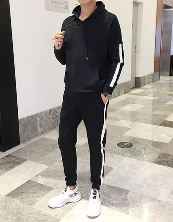 运动套装男春秋连帽卫衣休闲大码运动服青少年马甲 黑衣 黑裤(1805)