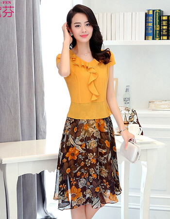 婼黛芬2016夏装新款假两件印花雪纺连衣裙3776 黄色 xxl