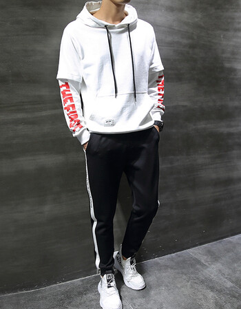 套装男韩版潮流卫衣连帽衫三件套秋冬季学生帅气一套衣服 白衣 黑裤
