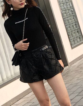 【京东好选】品牌欧洲站2018秋冬新款亮片钉珠黑色秋亚光pu皮裤女短裤