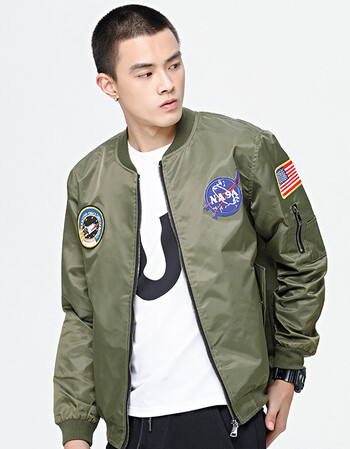j838日系大码男空军棒球领外套多口袋布标装饰 军绿色 m