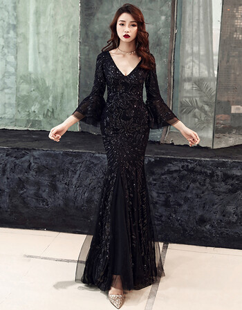 晚礼服2018新款冬季高贵优雅香槟色长款长袖鱼尾年会礼服裙女 黑色 l