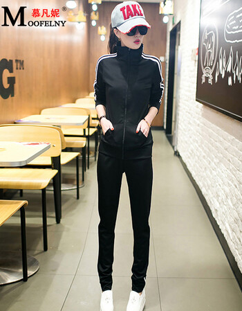 慕凡妮2016秋装新款女装 韩版修身时尚卫衣两件套休闲运动服套装女 黑色 L