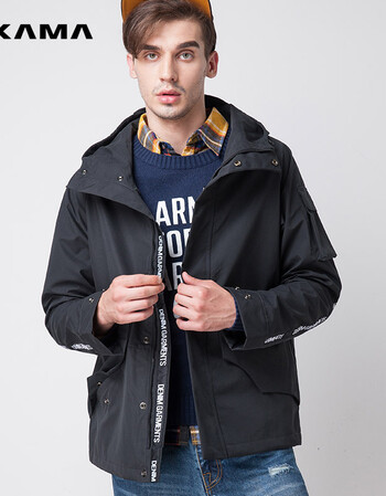 卡玛kama2017春季夹克男连帽宽松外套撞织带休闲风衣2316725 深灰 xxl