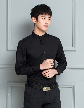男韩版修身免烫商务时尚休闲纯色简约衬衣中国风圆领衬衫黑色xxxl码