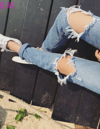 伊塔丽春装新款韩版女士休闲裤破洞bf牛仔裤 图片色 l