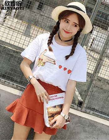 耀依2017夏季印花手指瞄准射爱心图案圆领韩版女装宽松短袖t恤潮 白色