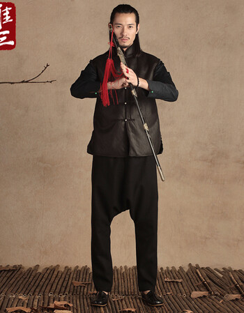 唯三公子丹阳子中国风羊毛呢吊裆裤男长款唐装低裆垮裤休闲裤秋冬 玄