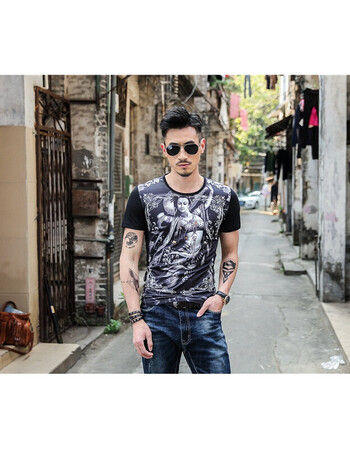 男装短袖t恤霸气刺青关公半袖衣服潮个性纹身男大码休闲t血sn2074