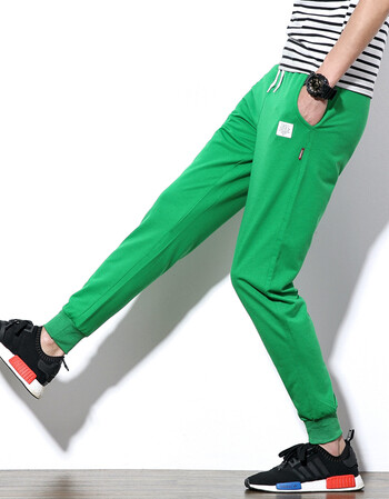 纯棉小脚运动裤 男士修身裤子加大码帅气长裤子日系潮流青年男装 绿色