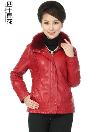 中年女装秋季时尚pu皮衣外套妈妈装中老年女装外套长袖女毛领 54-雪影