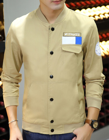 军装夹克男棒球服薄外套春秋装修身纯棉韩版休闲军迷工装上衣 卡其色