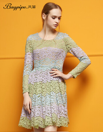 bagpipe风笛连衣裙春装新款长袖连衣裙蕾丝弹力修身长裙收腰裙子 花色