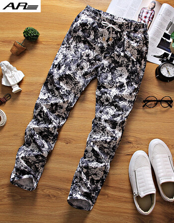 印花修身小脚休闲长裤个性式民族风花纹图案长裤男士花裤子小脚修身