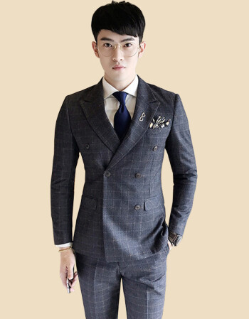 新款男士时尚商务休闲格子西服套装 男韩版修身双排扣格子西装三件套
