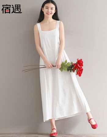 宿遇2017夏季新款文艺复古粗肩带吊带裙连衣裙8081 白色 m_ 4折现价