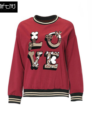 姬希尔 新款女士长袖圆领字母刺绣装饰螺纹卫衣套头衫 酒红 s