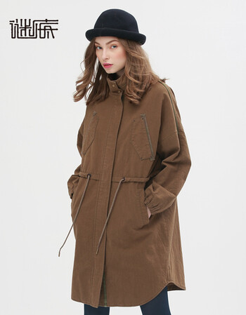 
                                        谜底2016新款文艺纯棉风衣外套女中长款5CDW0130 棕绿 XL                