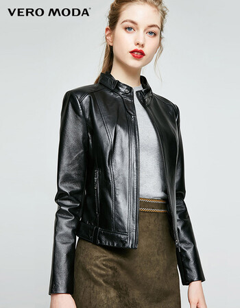 vero moda2017秋季新品针织拼接拉链装饰真皮皮衣女|317310519 s57