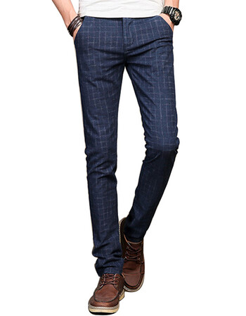 休闲裤男士英伦风格子纹长裤时尚修身小脚裤lxk71099 蓝色 29