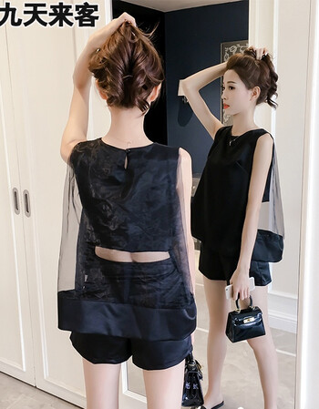 九天来客女夏时尚2017韩版性感欧根纱无袖背心洋气两件套 白色 s