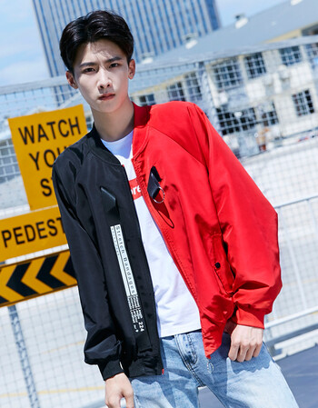 丹杰仕2017秋季新款拼色宽松大码蝙蝠衫夹克男 黑红 s