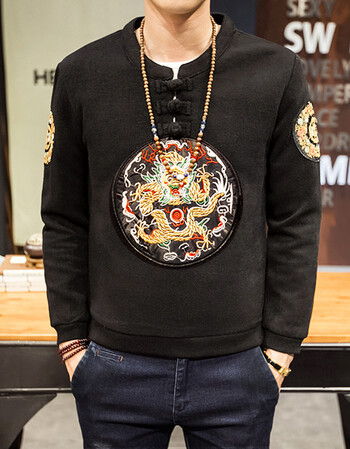 集云四海秋冬毛衣盘扣中国风刺绣龙袍 黑色 m