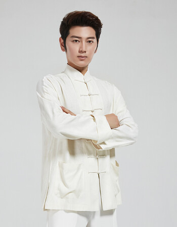 派经典真丝唐装男中国风男复古桑蚕丝盘扣长袖上衣休闲汉服中式 白色