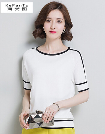 珂梵图208夏季女装韩版修身女士t恤冰丝条纹圆领时尚百搭上衣女 白色