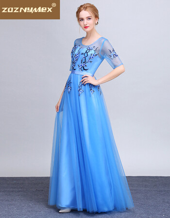 晚礼服女2017新款中袖长款伴娘敬酒服宴会主持晚装 水蓝色 l