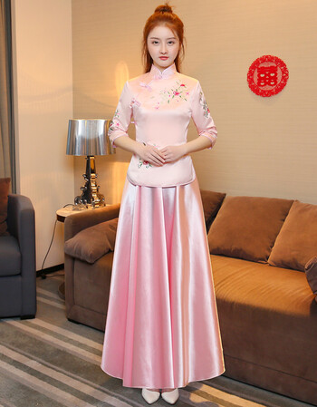 中式婚礼伴娘团服装民国小姐古筝表演服装古装写真礼服女 粉色(富贵绸