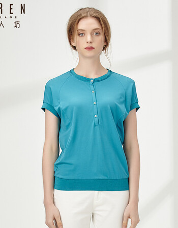 犁人坊秋装新款文艺复古优雅时尚百搭舒适修身棉布短袖t恤衫 天蓝/36