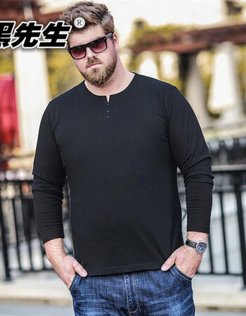 商务休闲大码男装秋季新纯色长袖t恤加肥加大宽松亨利领胖子上衣 黑色