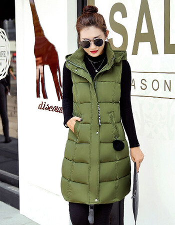 蔻莱依2017秋冬装中长款加棉服连帽外套马夹 背心马甲女潮 军绿色 l