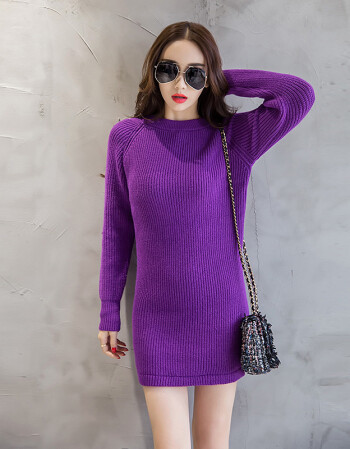 新款韩版时尚气质显瘦长袖纯色毛衣女高贵紫色连衣裙 高贵紫 s