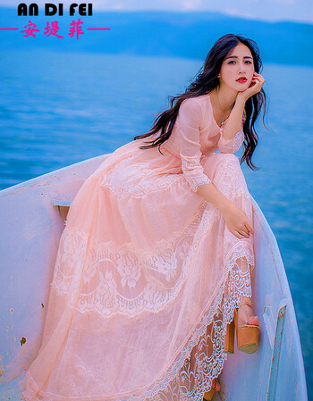 安堤菲2017文艺蕾丝拼接长裙蛋糕裙粉色连衣裙 橘粉色 s