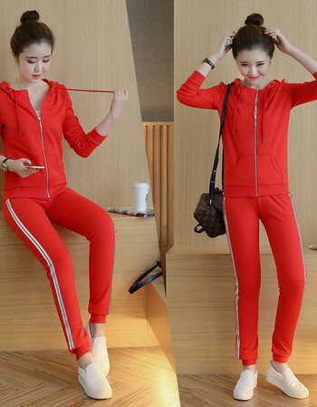 57082017潮流2条杠时尚休闲卫衣两件套女装运动服套装 红色 m