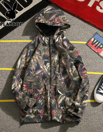 花花公子贵宾日系大码魔术贴男拉链大口袋印花连帽外套 如图色 4xl