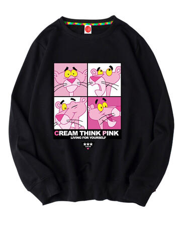 粉红豹卫衣女宽松韩版无帽长袖学生情侣秋冬季薄款加绒外套潮 黑色-四