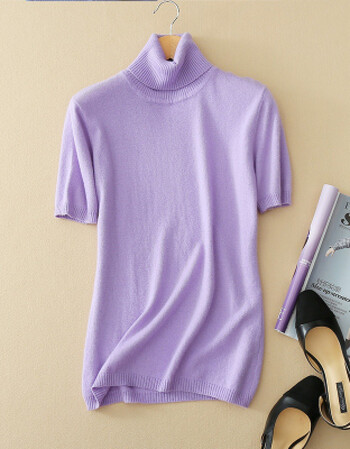 高领半袖针织衫女短款套头修身羊绒衫短袖t恤毛衣打底