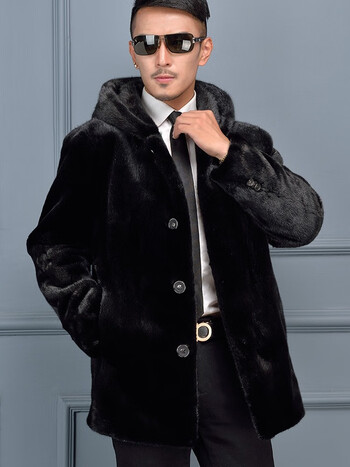 裕阡新款男士貂皮纽扣款连帽水貂皮毛一体外套中长款整貂 黑色纽扣