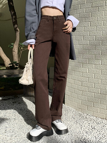 宽松潮牌牛仔直筒裤时尚百搭高腰弹力显瘦拖地烟管裤女咖啡色长裤l