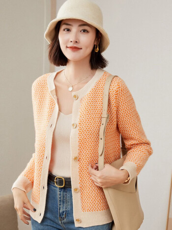 斯羊绒衫女装休闲风秋冬新款女式羊毛衫拼色嵌花针织开衫毛衣外套女