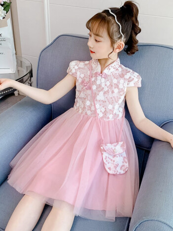 夏装公主裙幼儿夏季新款洋气女孩旗袍裙儿童仙网纱连衣裙子粉色100