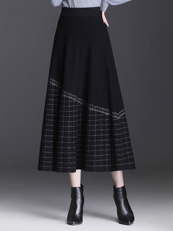 恒源祥hyx针织格子半身裙女春秋新款高腰中长款a字裙加厚显瘦大摆裙