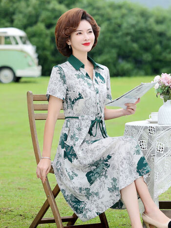 焕绅中年女士带口袋显瘦优雅减龄裙子夏季连衣裙高贵40岁新款中绿色xl