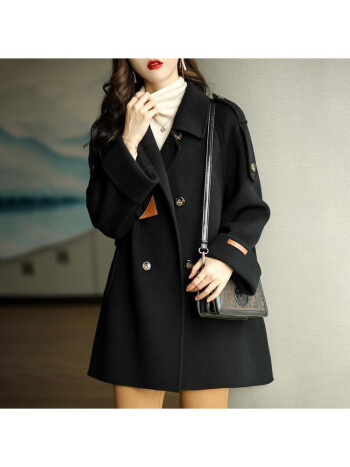 羊绒毛呢大衣外套女秋冬2023新款女士中长款双排扣30到40岁大衣黑色s