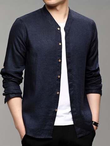 扬玦尖领亚麻布宽松型纽扣装饰青春流行衬衫藏青s