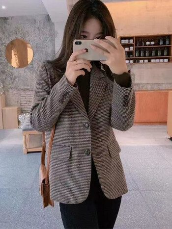 恒源祥千鸟格西装外套女小个子2023秋冬款格子小西服韩版英伦风外套妈